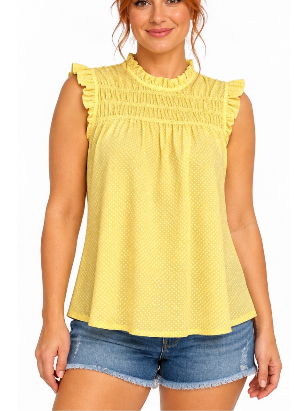 Adrianna Papell Yellow Smocked Ruffled Cap Sleeve top size Medium
